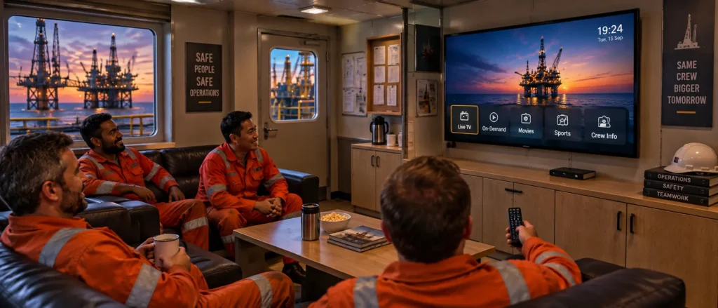 IPTV for oil rigs showing offshore crew members watching live TV and on-demand content on a smart TV inside an offshore oil rig recreation room.