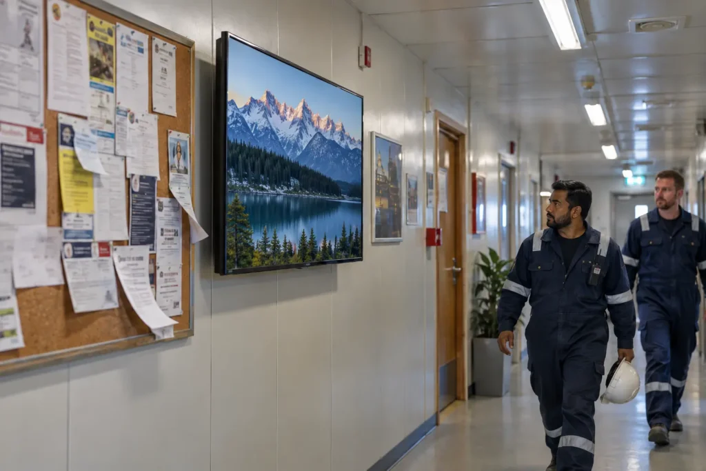 Paper notice board in an oilfield camp corridor, a gap that IPTV for oil rig announcements can close