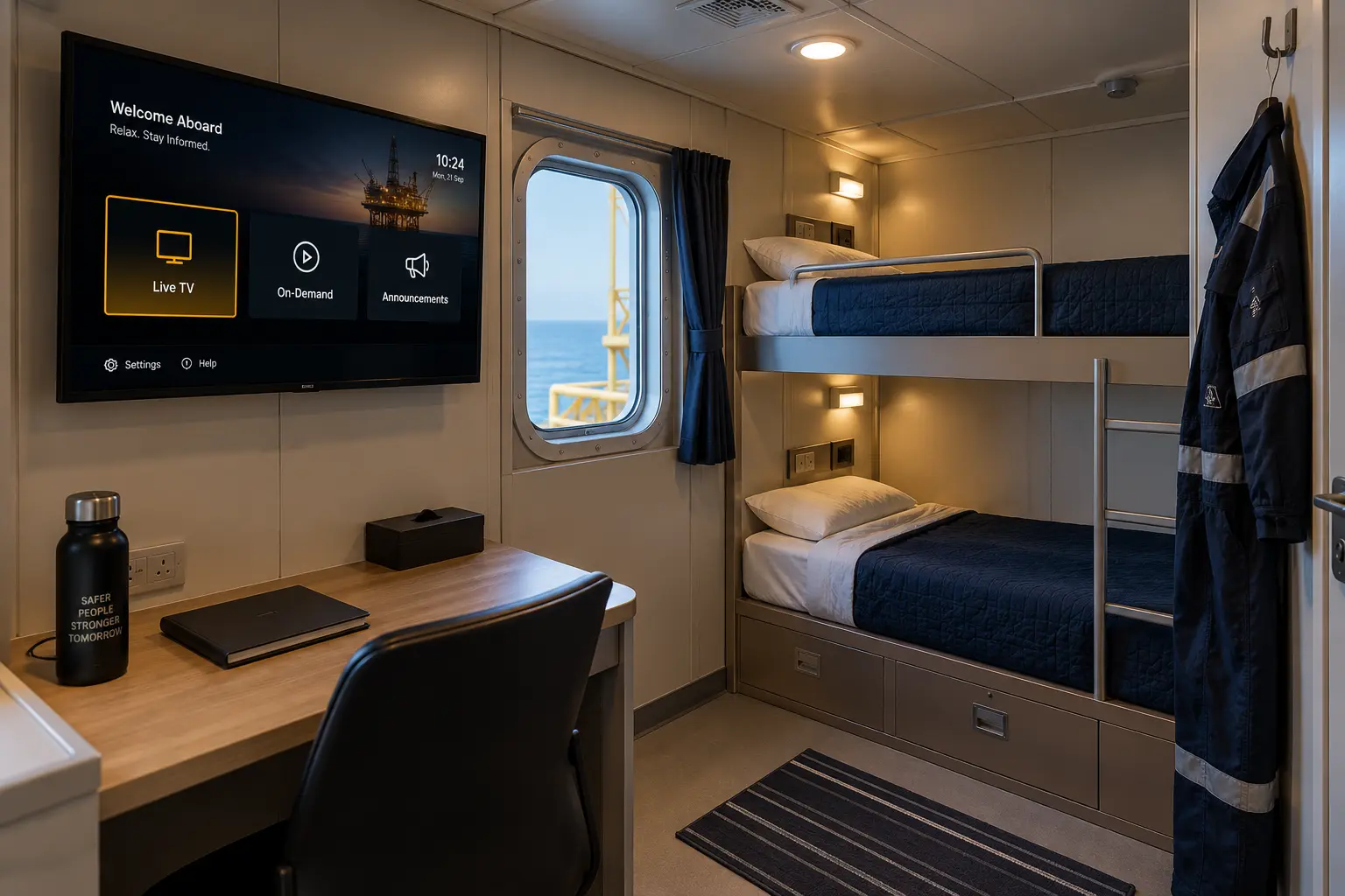 Offshore living quarters cabin with IPTV for oil rigs showing Live TV and Announcements menu