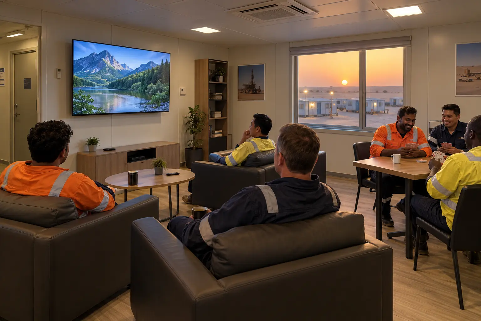 Oilfield camp IPTV recreation room with wall-mounted TV as crew relax after shift
