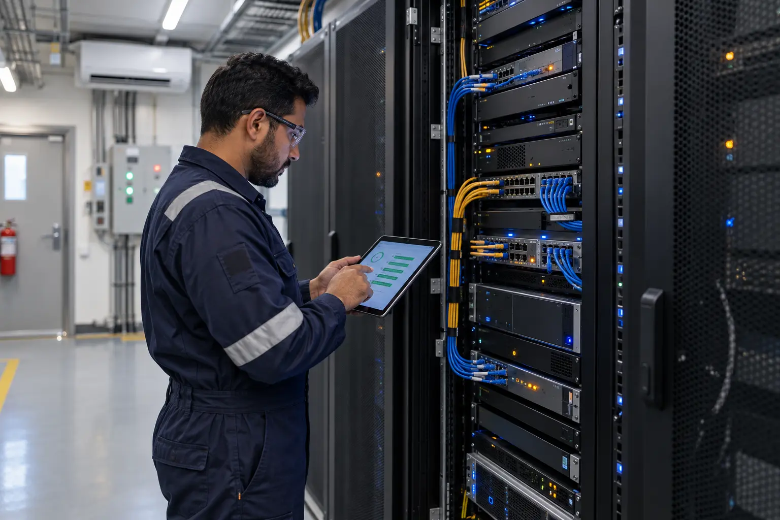 Technician carrying out IPTV maintenance for oil rigs at a headend rack in an equipment room