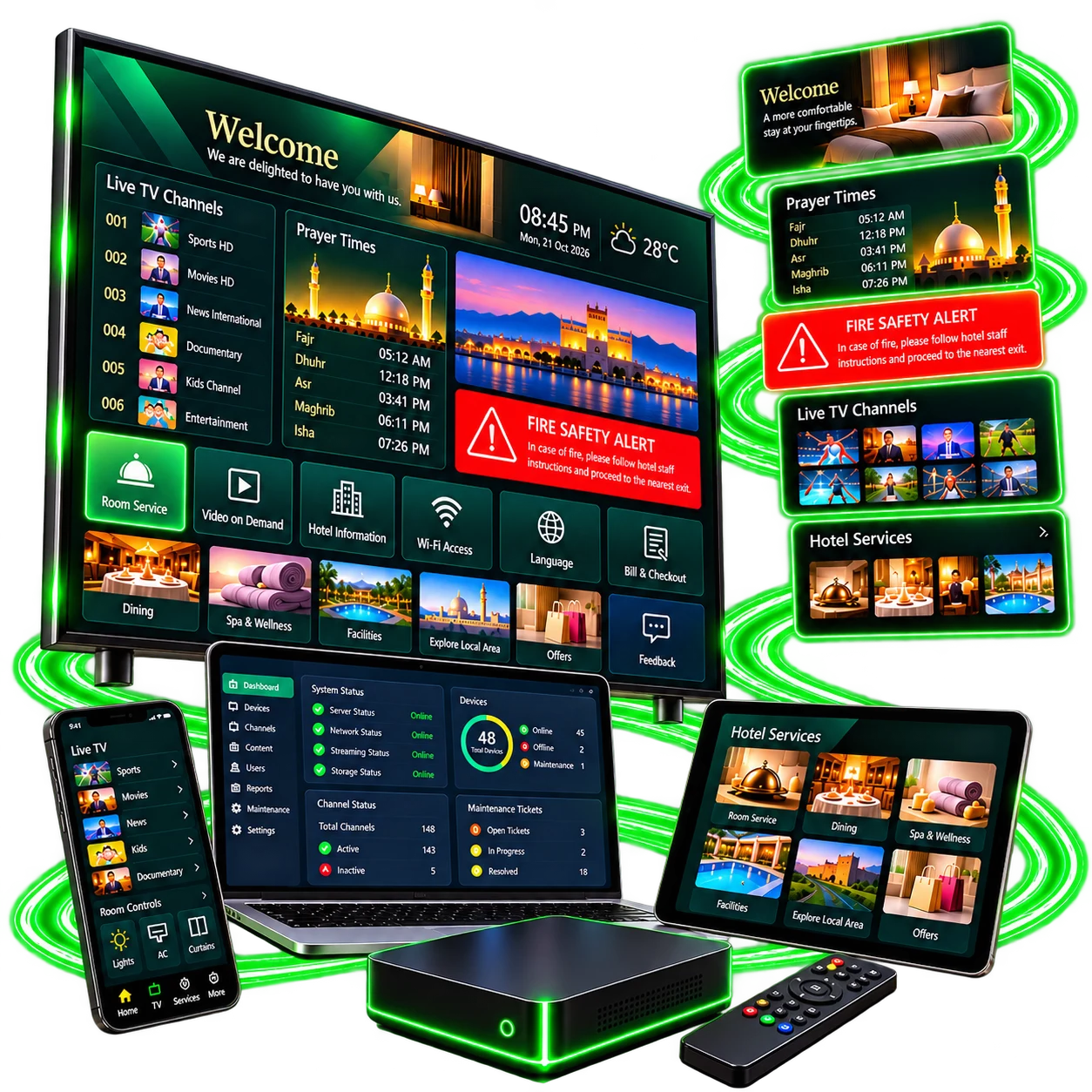 Hotel IPTV ecosystem featuring a 4K smart TV, laptop, tablet, smartphone, set-top box and remote with hotel guest services, live TV, prayer times, fire safety alerts and system monitoring dashboards, connected by glowing neon green light trails on a transparent background.