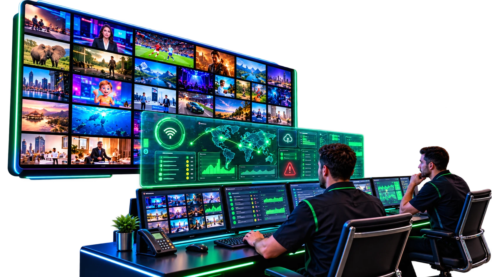 Engineers monitoring IPTV uptime in a control room for IPTV AMC in Saudi Arabia support services