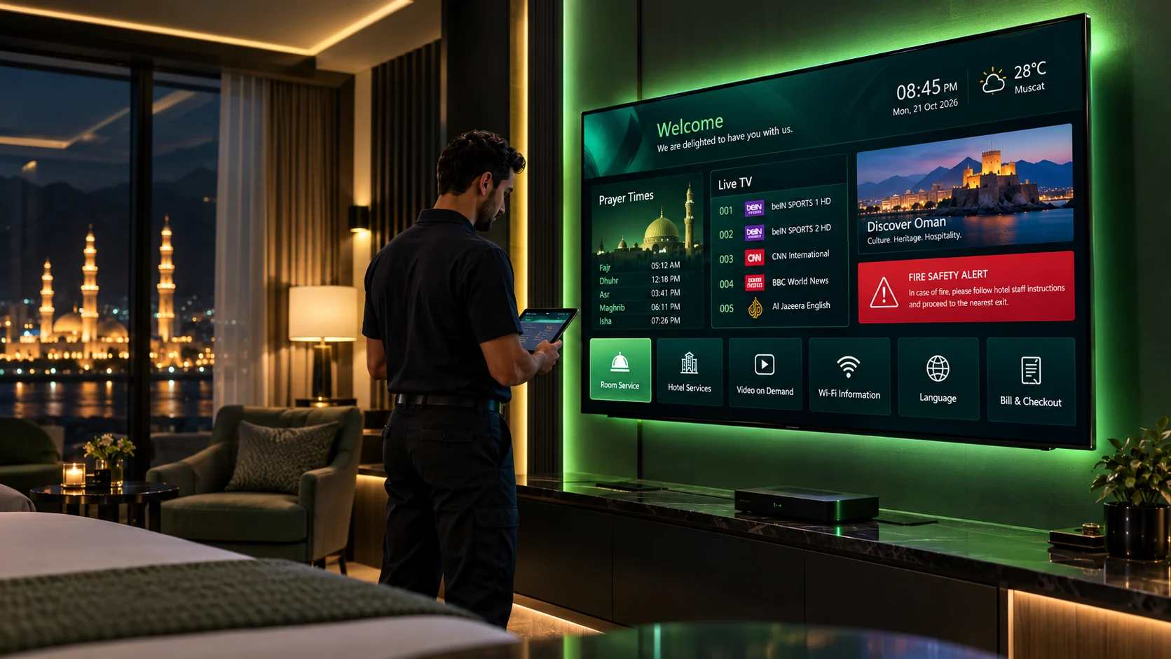 Technician checking hotel IPTV maintenance on a guest room smart TV showing welcome, prayer times and fire alert