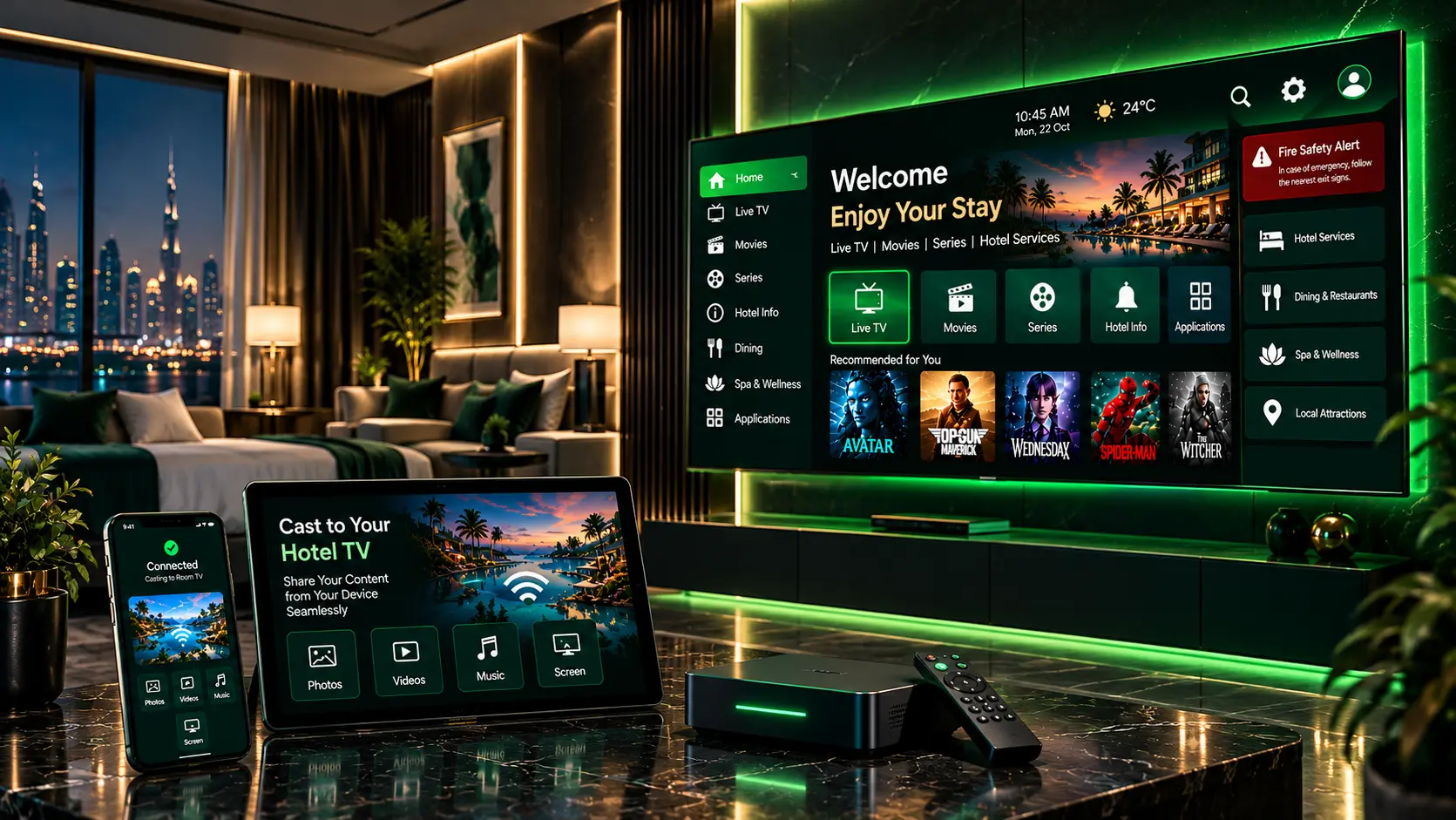 Luxury hotel IPTV system with a wall-mounted smart TV, interactive hotel services interface, mobile screen casting, and neon green lighting in a premium hotel suite.