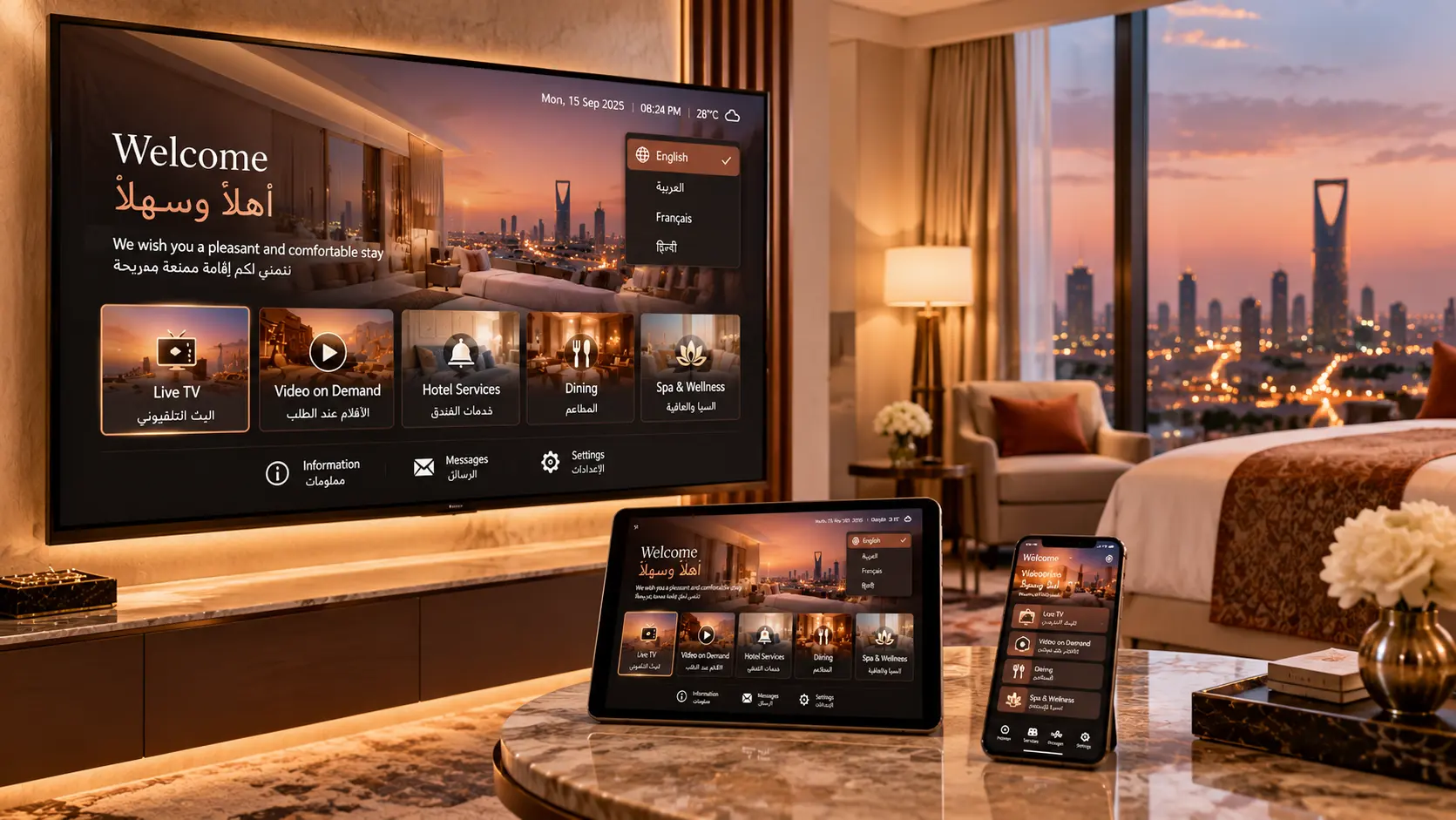Multilingual hotel IPTV menu on a smart TV with Arabic and English options, plus tablet and phone in a Saudi hotel room