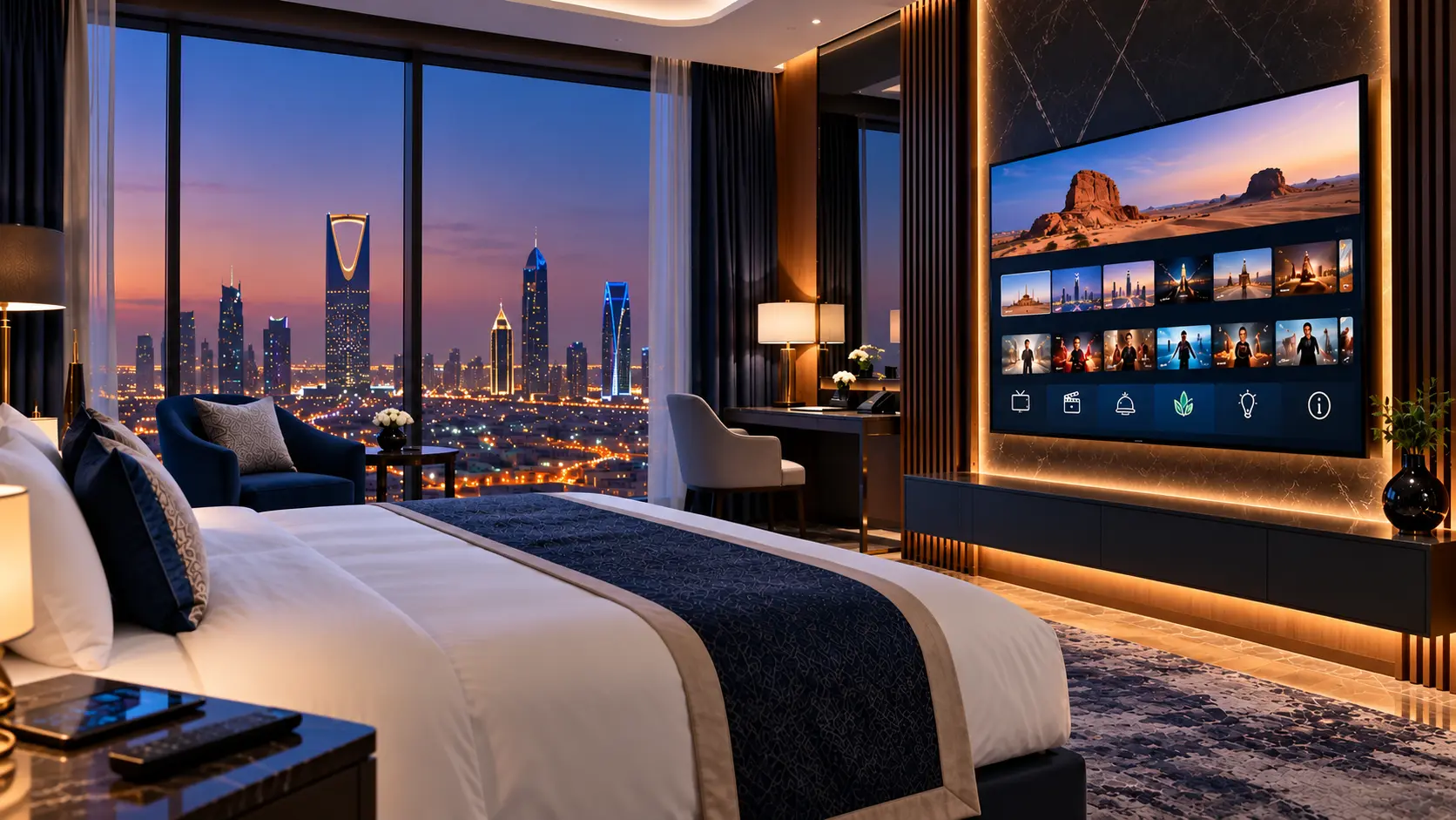 Hotel IPTV system on a wall-mounted smart TV in a luxury guest room in Saudi Arabia