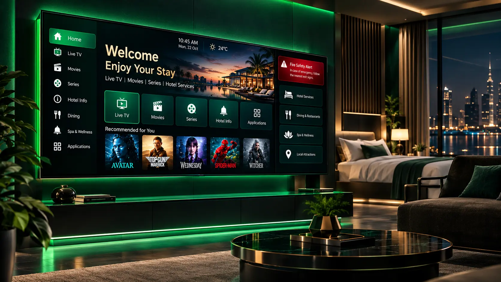 Luxury hotel IPTV entertainment system featuring a smart TV interface with neon green lighting, hotel services, and premium room amenities.