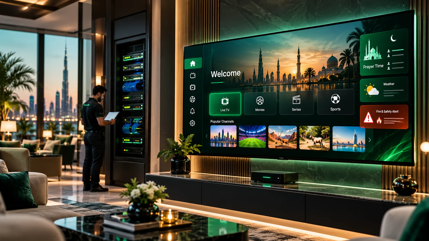 Smart TV displaying an IPTV interface with welcome screen, channel list, prayer time alert and fire safety alert in a Saudi hotel lobby, representing IPTV AMC and maintenance services