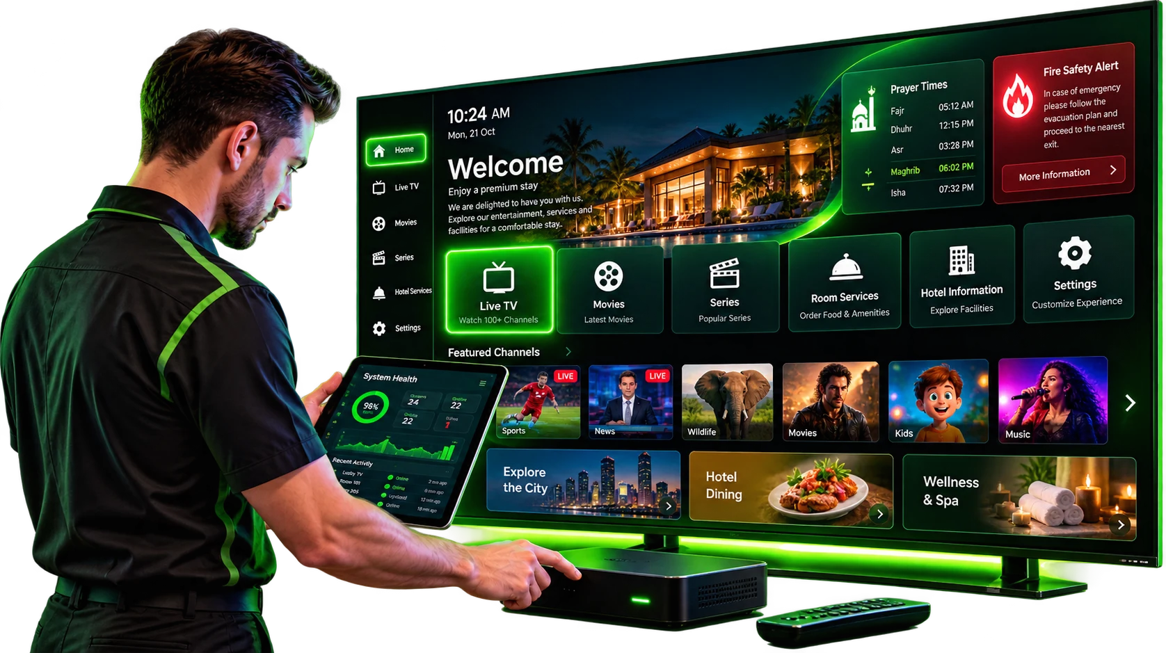 Technician checking hotel room IPTV system, part of IPTV AMC in Saudi Arabia maintenance support
