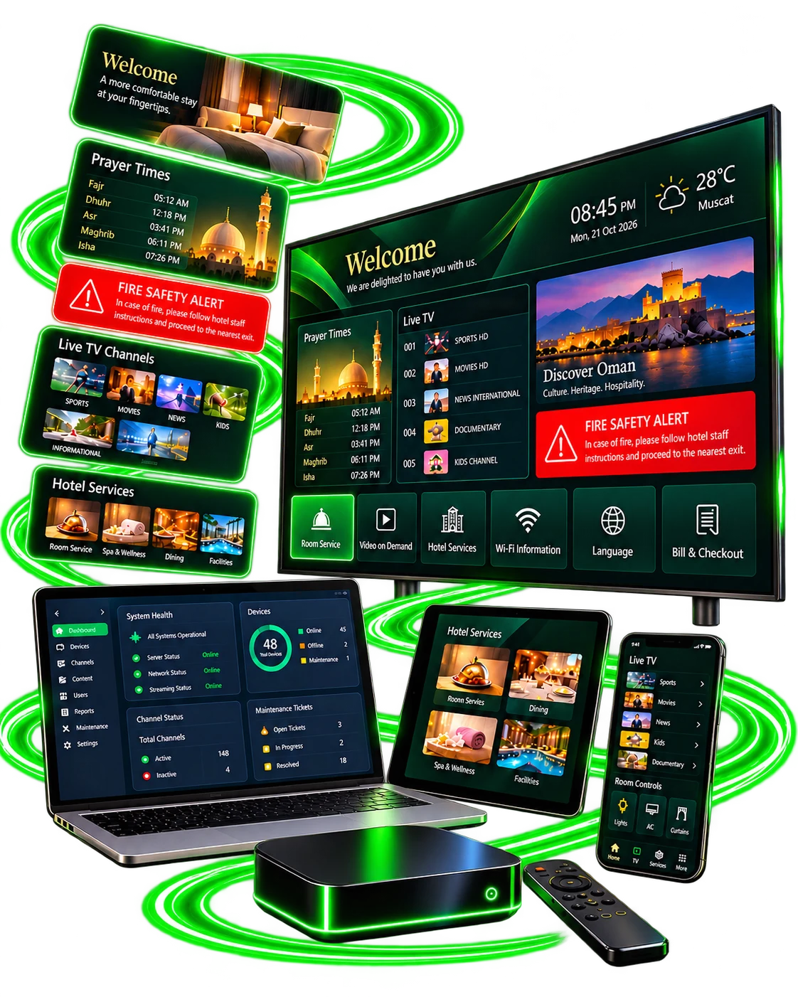 Hotel IPTV maintenance and Hotel TV AMC: cutaway hotel with server room technician and connected in-room TVs