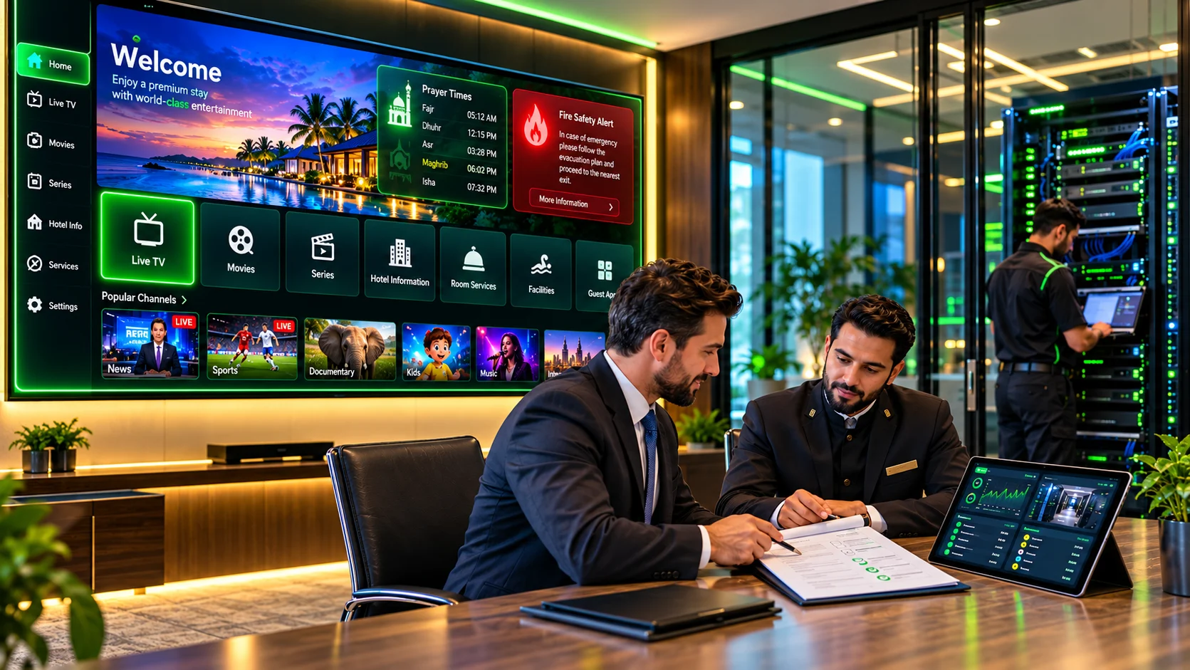 Facility manager and engineer reviewing an IPTV maintenance contract in Saudi Arabia with IPTV system dashboard
