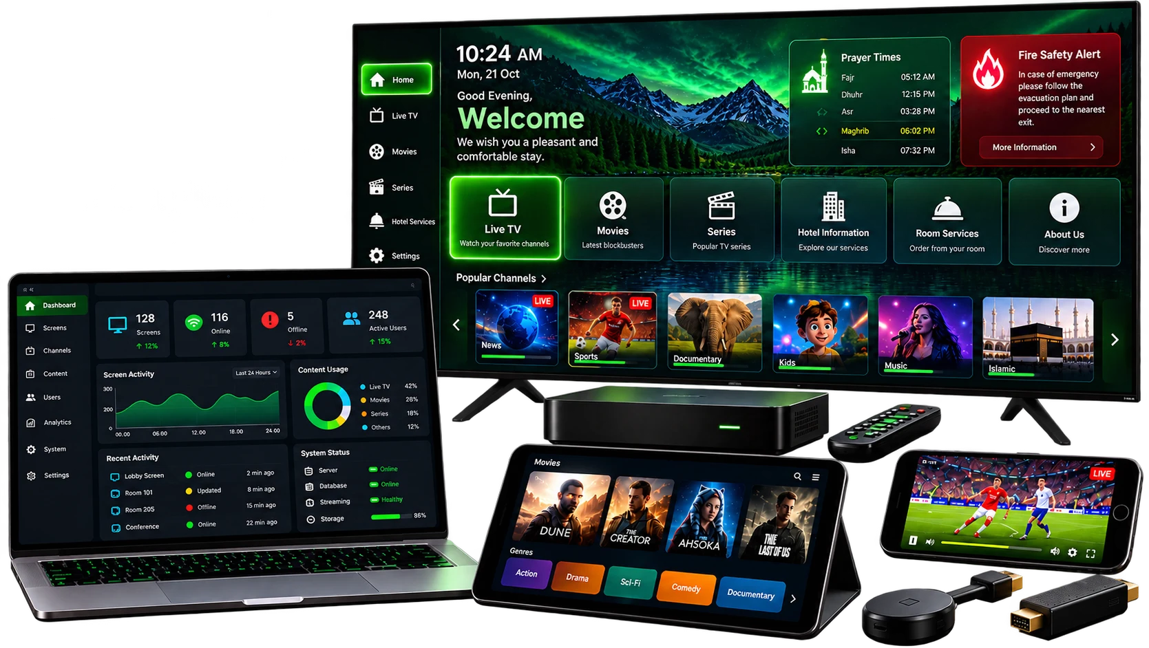 IPTV AMC in Saudi Arabia: smart TV, set-top box, signage kiosk and management dashboard under neon lighting